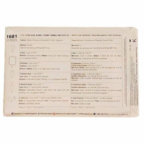 Simplicity 1681 Sewing Pattern Bear Blanket Lovey Chick in Egg Toy Uncut - Picture 2 of 2